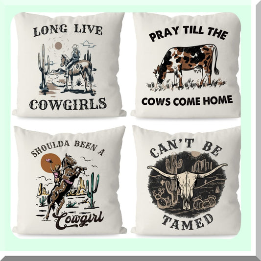 Retro Cowgirl Rodeo Bull Skull Cactus Throw Pillow Covers - Set of 4 | Western Country Rustic Home Decor for Teen Girls - Long Live Cowgirls 18x18 Inch