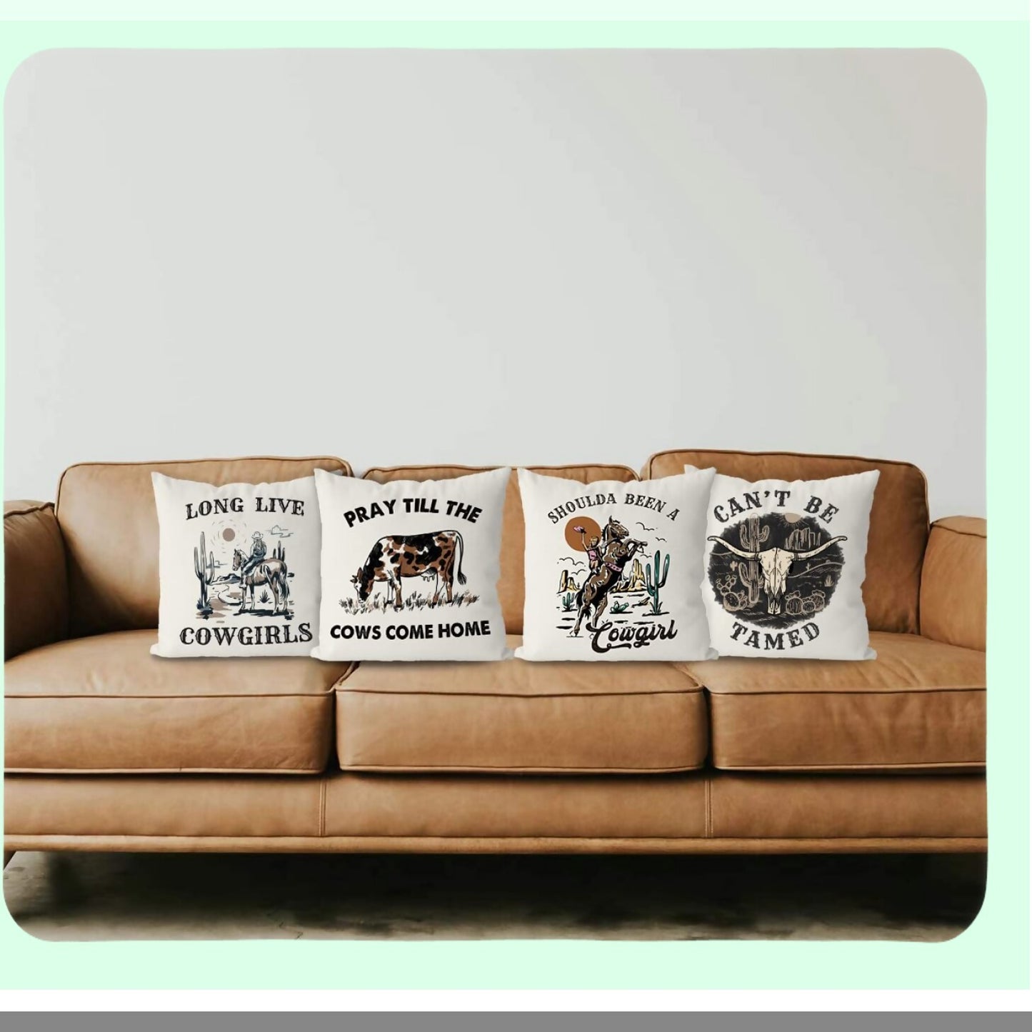 Retro Cowgirl Rodeo Bull Skull Cactus Throw Pillow Covers - Set of 4 | Western Country Rustic Home Decor for Teen Girls - Long Live Cowgirls 18x18 Inch