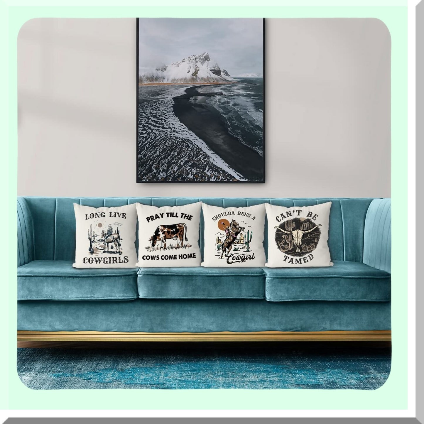 Retro Cowgirl Rodeo Bull Skull Cactus Throw Pillow Covers - Set of 4 | Western Country Rustic Home Decor for Teen Girls - Long Live Cowgirls 18x18 Inch