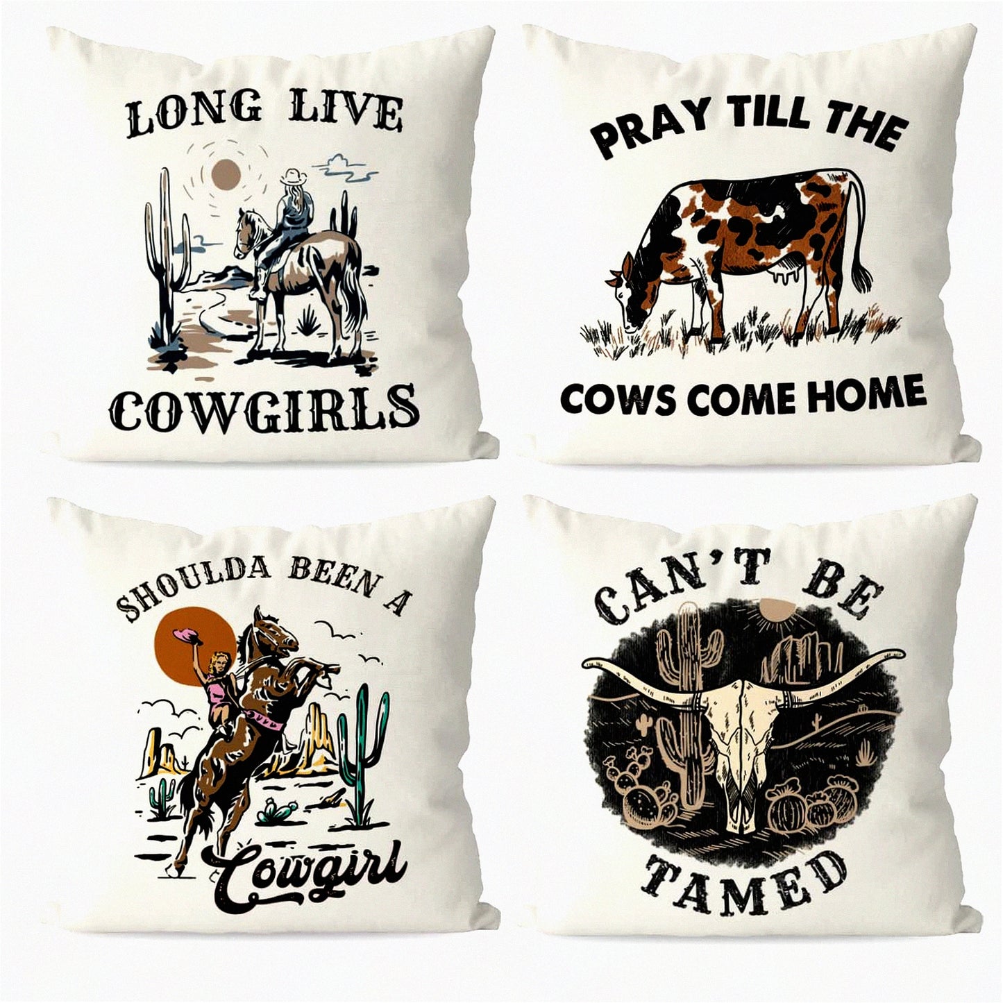 Retro Cowgirl Rodeo Bull Skull Cactus Throw Pillow Covers - Set of 4 | Western Country Rustic Home Decor for Teen Girls - Long Live Cowgirls 18x18 Inch