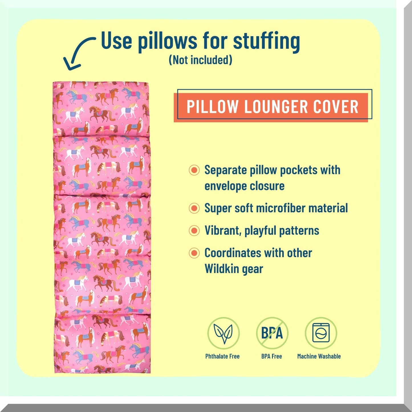 TravelBuddy Kids Pillow Lounger - Microfiber Floor Lounger for Boys and Girls, Sleepover Essential with Horse Design, Standard Size Pillows Not Included