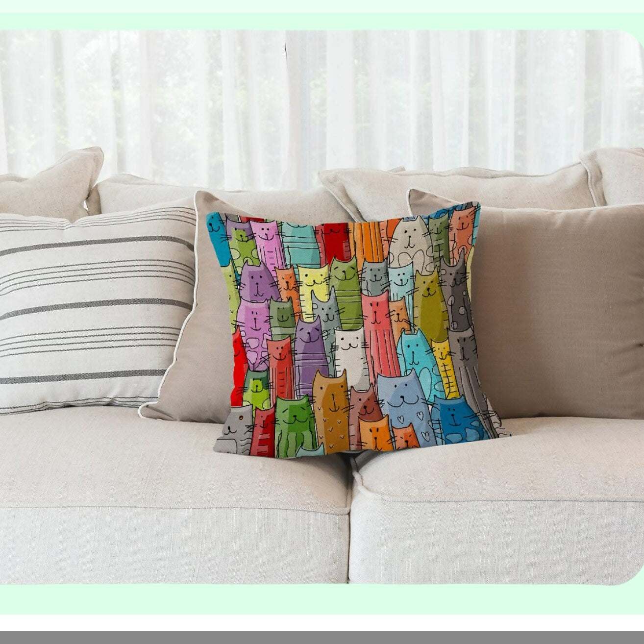 Cartoon Cats Multicolor Throw Pillowcase - 18" x 18" Decorative Square Cover for Home Couch and Bed Décor