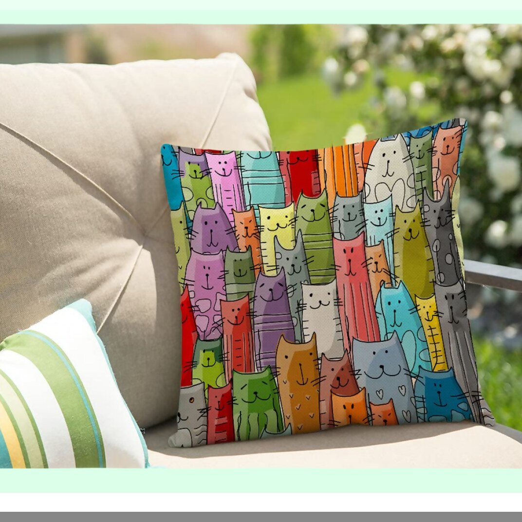 Cartoon Cats Multicolor Throw Pillowcase - 18" x 18" Decorative Square Cover for Home Couch and Bed Décor