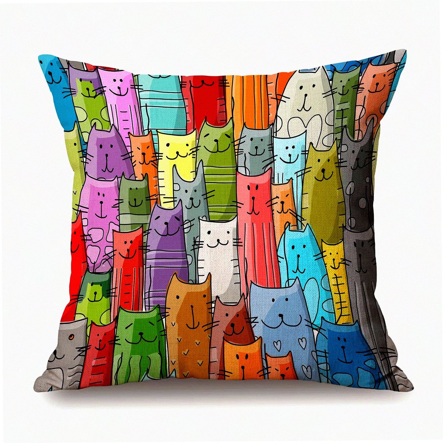 Cartoon Cats Multicolor Throw Pillowcase - 18" x 18" Decorative Square Cover for Home Couch and Bed Décor