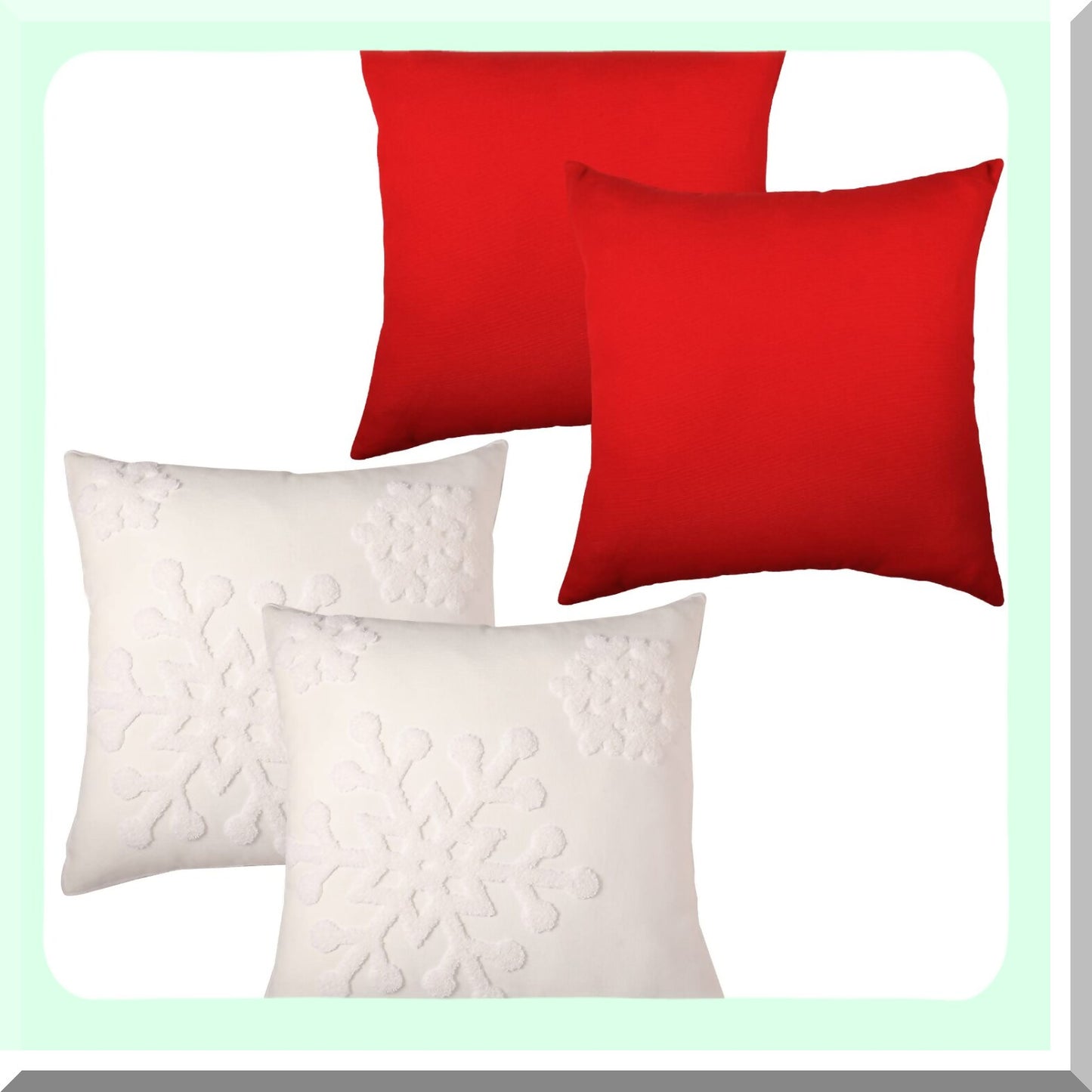 Snowflake Soft Winter Pillow Covers - Set of 4 | Cotton Linen Embroidered Throw Pillowcases for Bed, Sofa, Cushion, Car Decor | Red & White Square Pillows