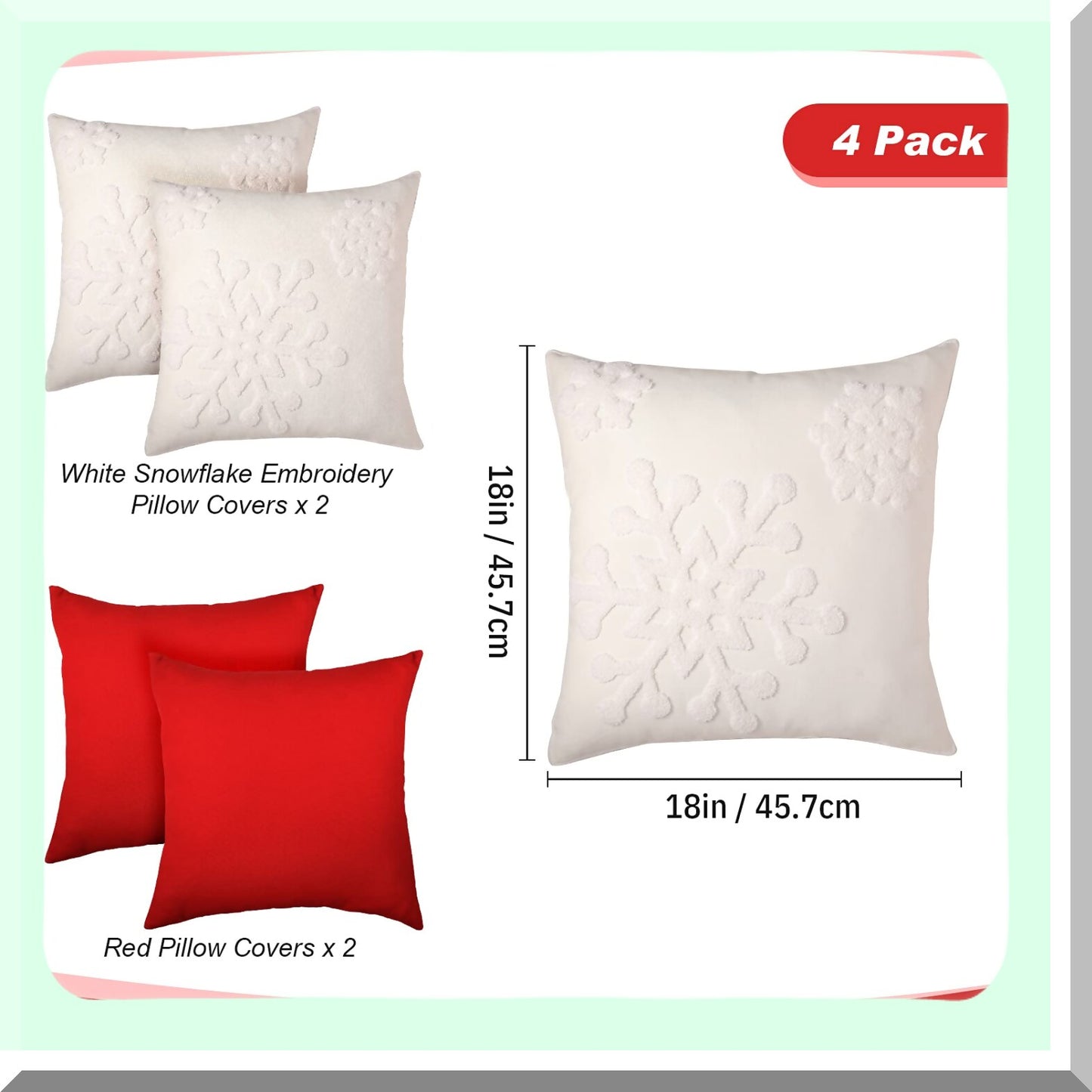 Snowflake Soft Winter Pillow Covers - Set of 4 | Cotton Linen Embroidered Throw Pillowcases for Bed, Sofa, Cushion, Car Decor | Red & White Square Pillows
