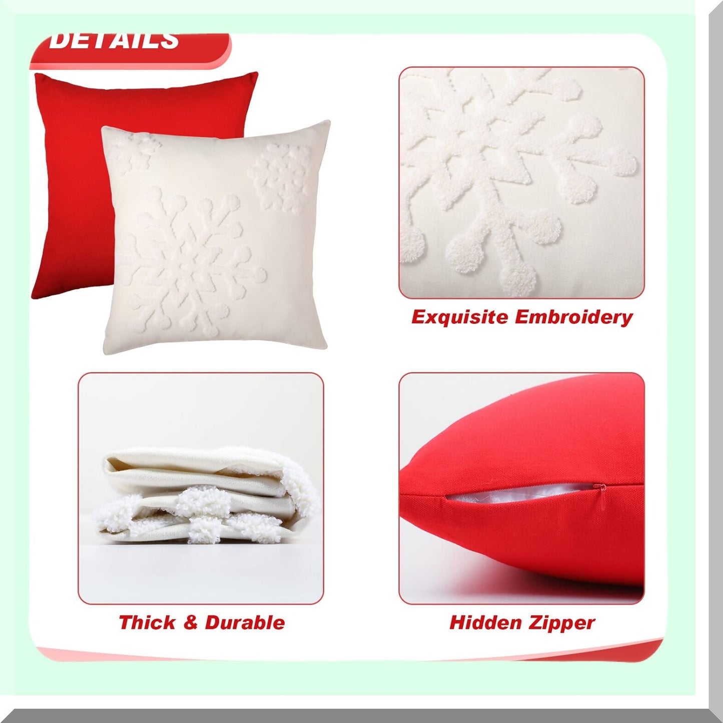 Snowflake Soft Winter Pillow Covers - Set of 4 | Cotton Linen Embroidered Throw Pillowcases for Bed, Sofa, Cushion, Car Decor | Red & White Square Pillows