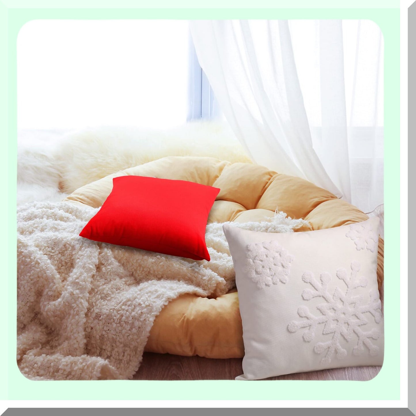 Snowflake Soft Winter Pillow Covers - Set of 4 | Cotton Linen Embroidered Throw Pillowcases for Bed, Sofa, Cushion, Car Decor | Red & White Square Pillows