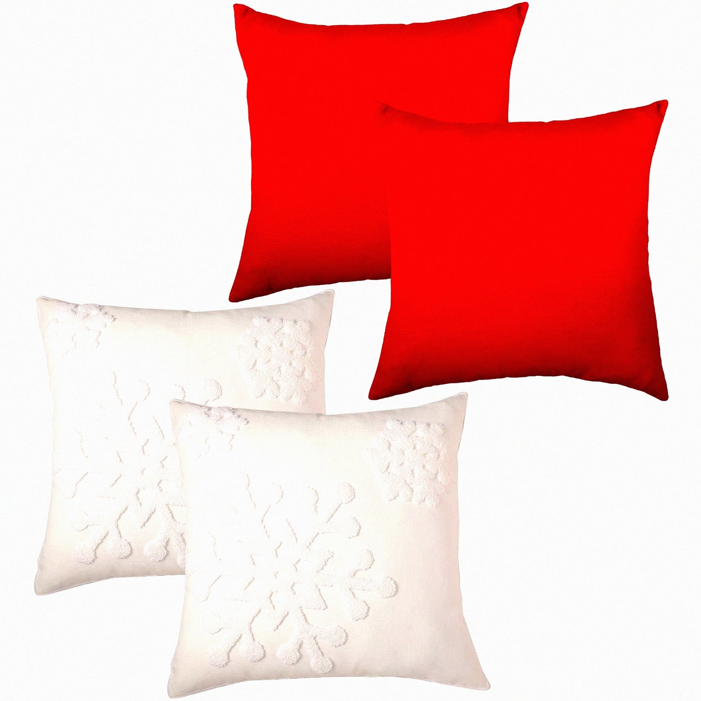 Snowflake Soft Winter Pillow Covers - Set of 4 | Cotton Linen Embroidered Throw Pillowcases for Bed, Sofa, Cushion, Car Decor | Red & White Square Pillows