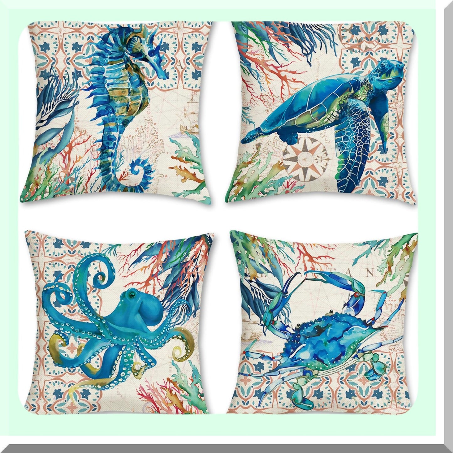 Coastal Ocean Life Pillow Covers Set - Sea Turtle Seahorse Octopus Decorative Cushion Cases for Sofa Couch, 18x18 Inch Polyester Linen Home Decor