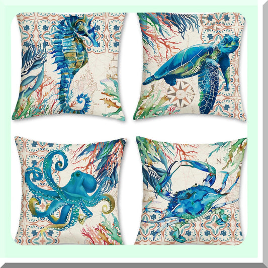 Coastal Ocean Life Pillow Covers Set - Sea Turtle Seahorse Octopus Decorative Cushion Cases for Sofa Couch, 18x18 Inch Polyester Linen Home Decor