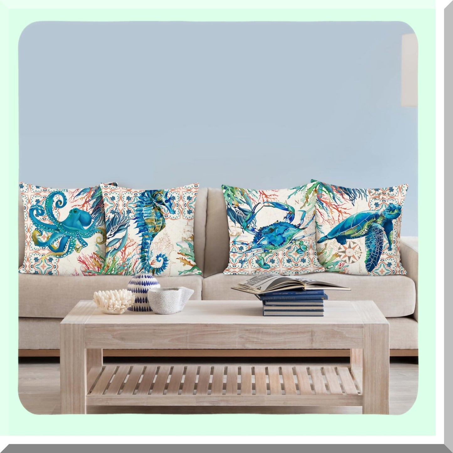 Coastal Ocean Life Pillow Covers Set - Sea Turtle Seahorse Octopus Decorative Cushion Cases for Sofa Couch, 18x18 Inch Polyester Linen Home Decor