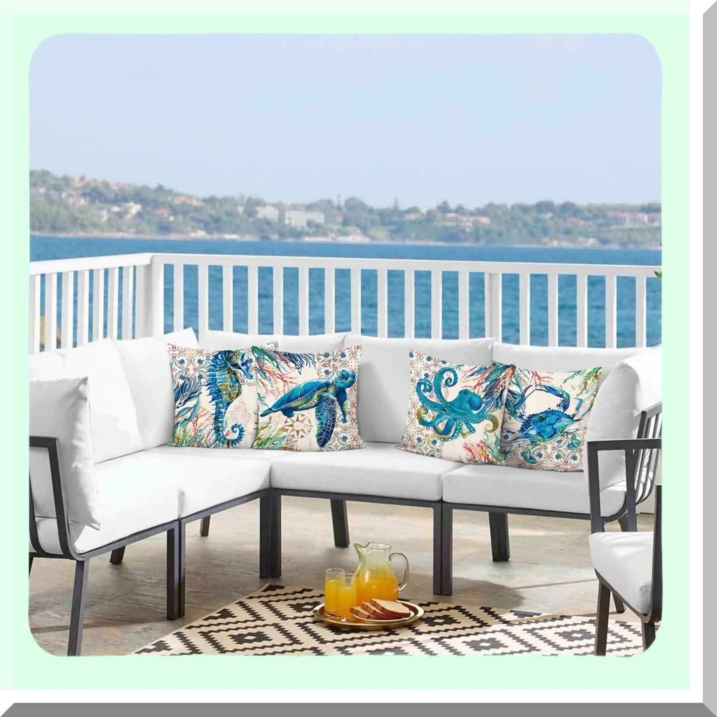 Coastal Ocean Life Pillow Covers Set - Sea Turtle Seahorse Octopus Decorative Cushion Cases for Sofa Couch, 18x18 Inch Polyester Linen Home Decor