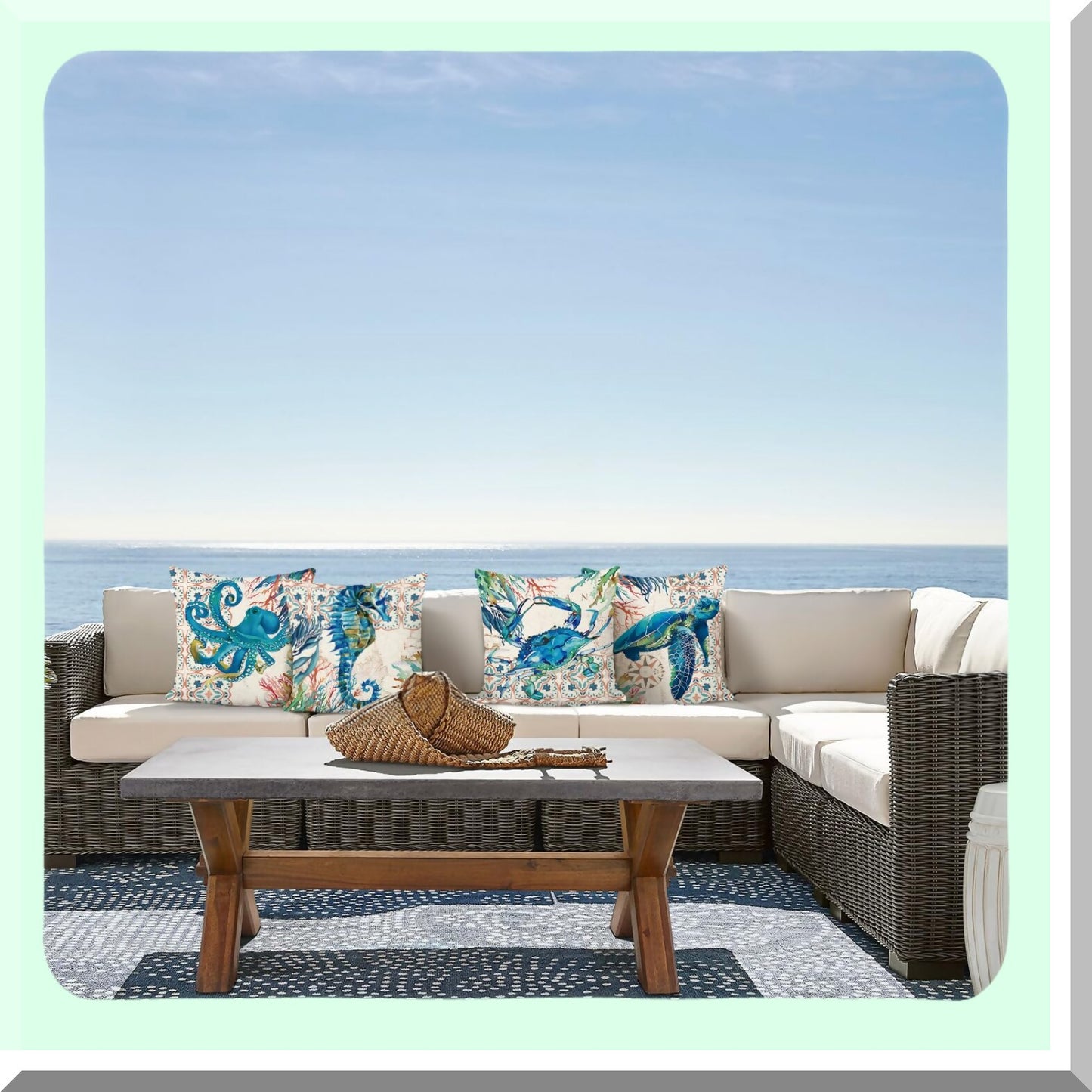 Coastal Ocean Life Pillow Covers Set - Sea Turtle Seahorse Octopus Decorative Cushion Cases for Sofa Couch, 18x18 Inch Polyester Linen Home Decor