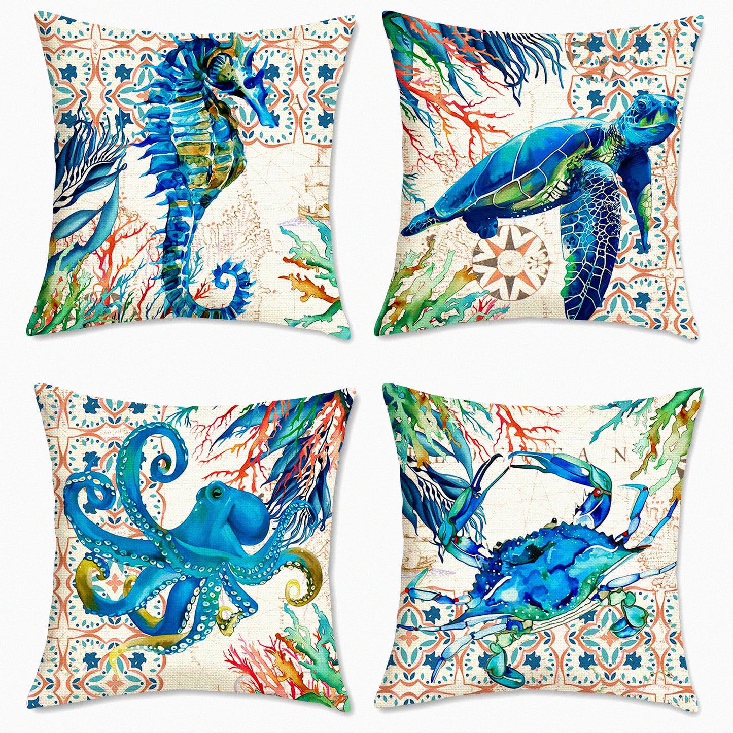 Coastal Ocean Life Pillow Covers Set - Sea Turtle Seahorse Octopus Decorative Cushion Cases for Sofa Couch, 18x18 Inch Polyester Linen Home Decor