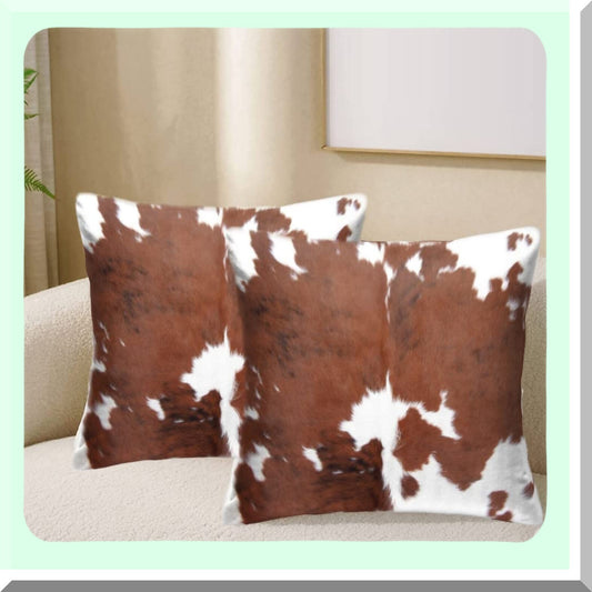 Rustic Cowhide Farm Pillow Cover - 20x20 Inch Velvet Throw Cushion Case for Home Sofa - Western Country Decor Brown Orange White Pattern Print