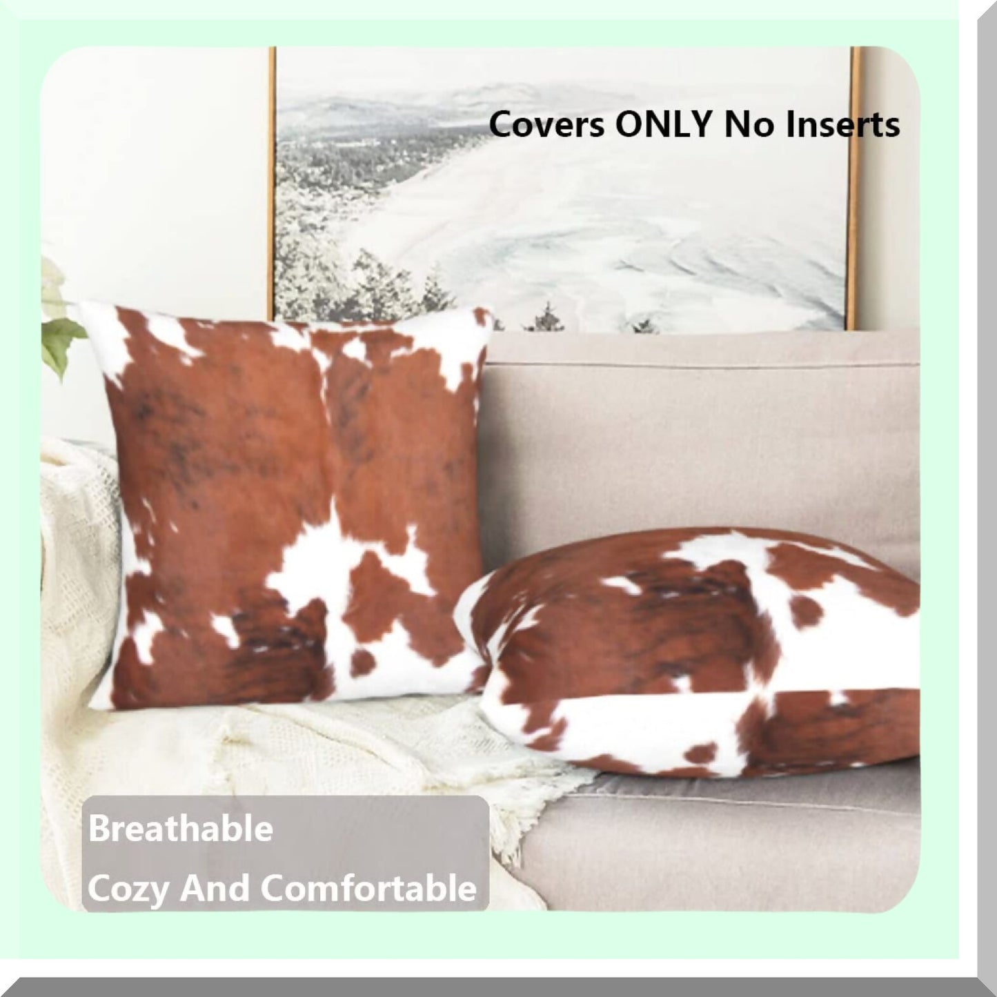 Rustic Cowhide Farm Pillow Cover - 20x20 Inch Velvet Throw Cushion Case for Home Sofa - Western Country Decor Brown Orange White Pattern Print