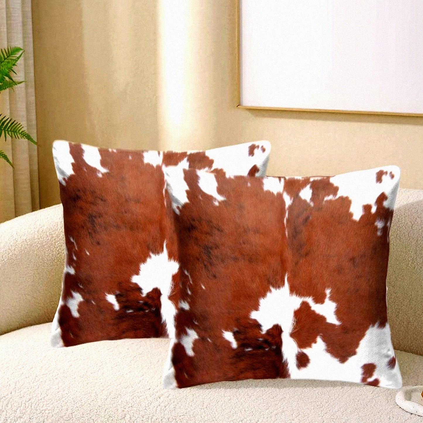 Rustic Cowhide Farm Pillow Cover - 20x20 Inch Velvet Throw Cushion Case for Home Sofa - Western Country Decor Brown Orange White Pattern Print