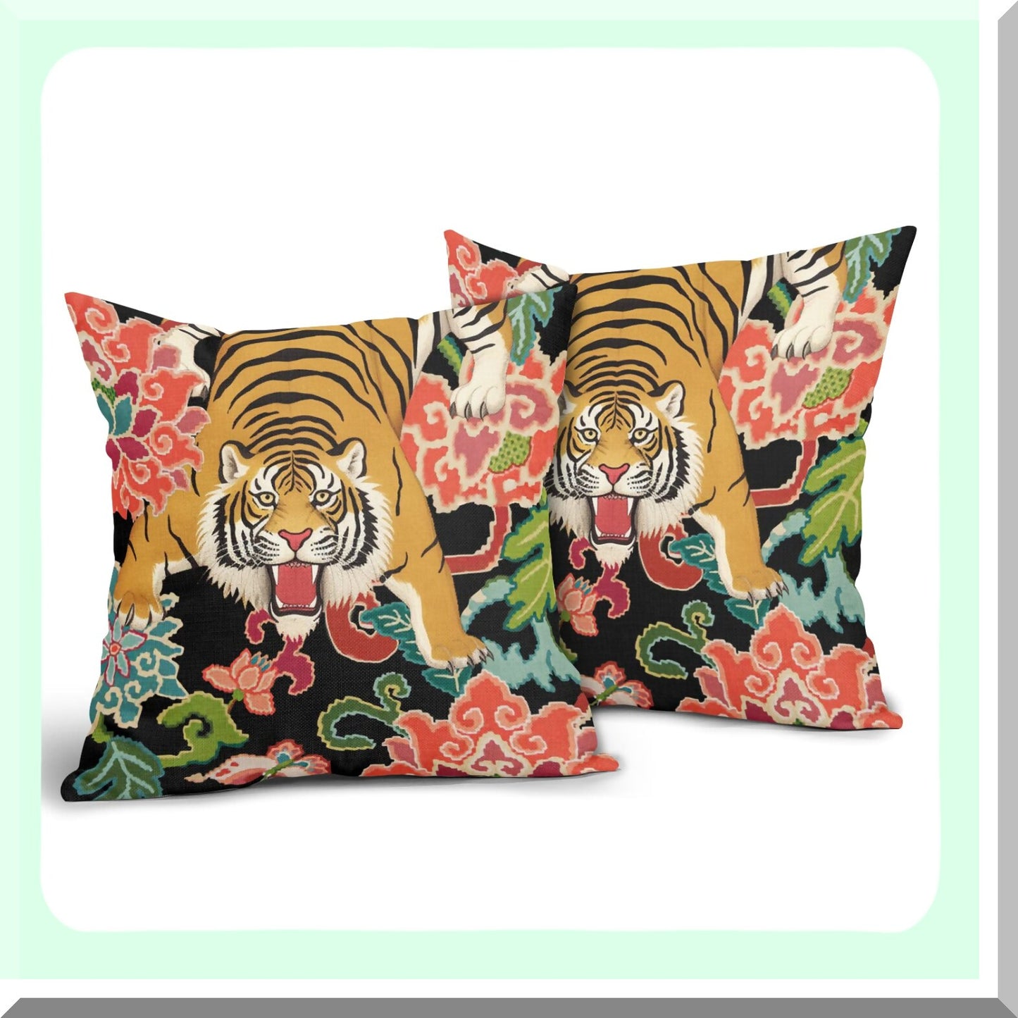 Tiger Bloom Pillow Covers - Set of 2 Colorful Floral Throw Pillows - Rustic Animal Print Cushion - Farmhouse Decorative - Couch Bed Sofa Chair Car Gift