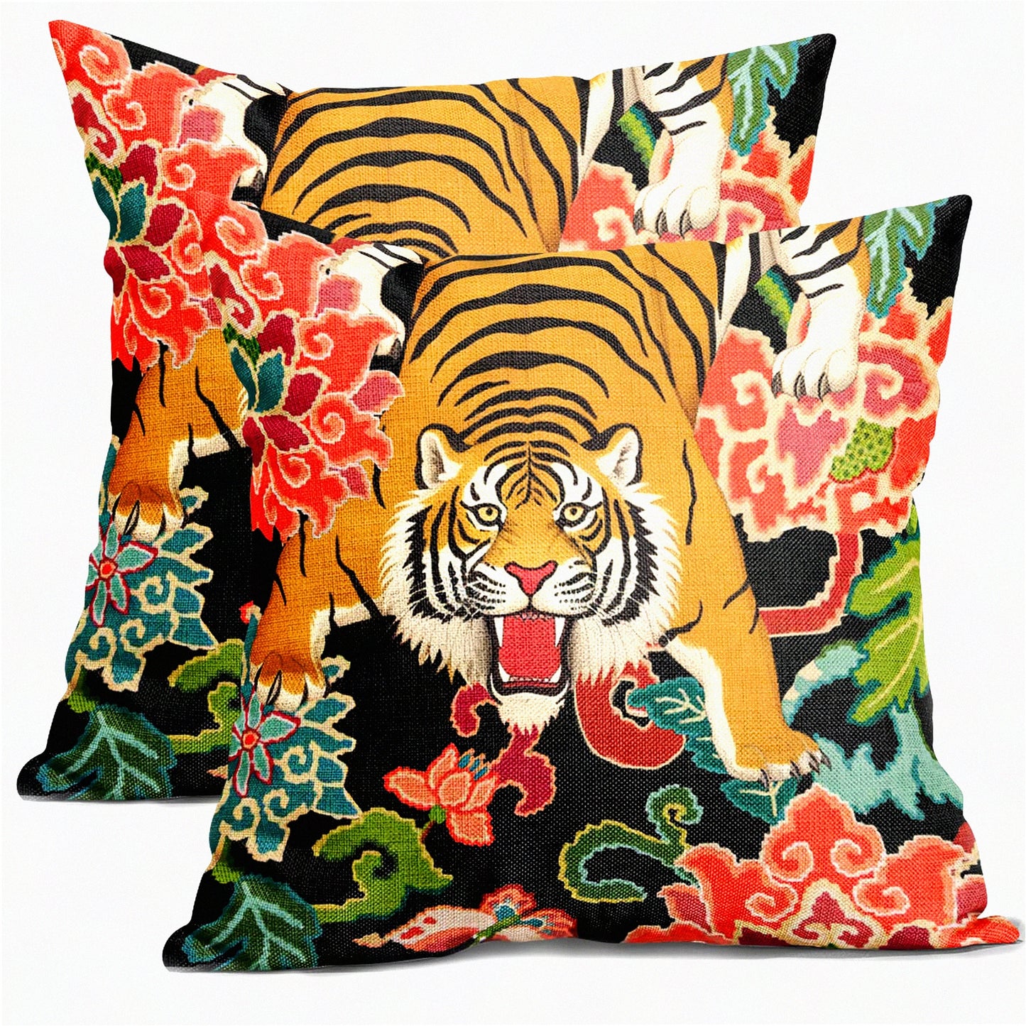 Tiger Bloom Pillow Covers - Set of 2 Colorful Floral Throw Pillows - Rustic Animal Print Cushion - Farmhouse Decorative - Couch Bed Sofa Chair Car Gift