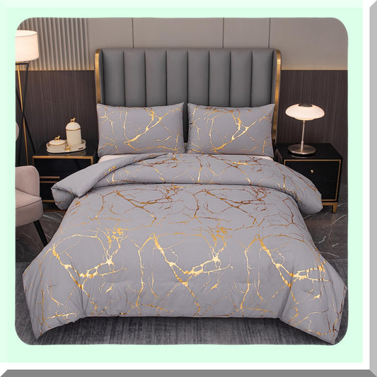 Marble Gold Grey Queen Comforter Set - Luxury 3 Piece Bedding Ensemble for Men and Women - Soft Gray Comforter with 2 Pillowcases - Queen Size