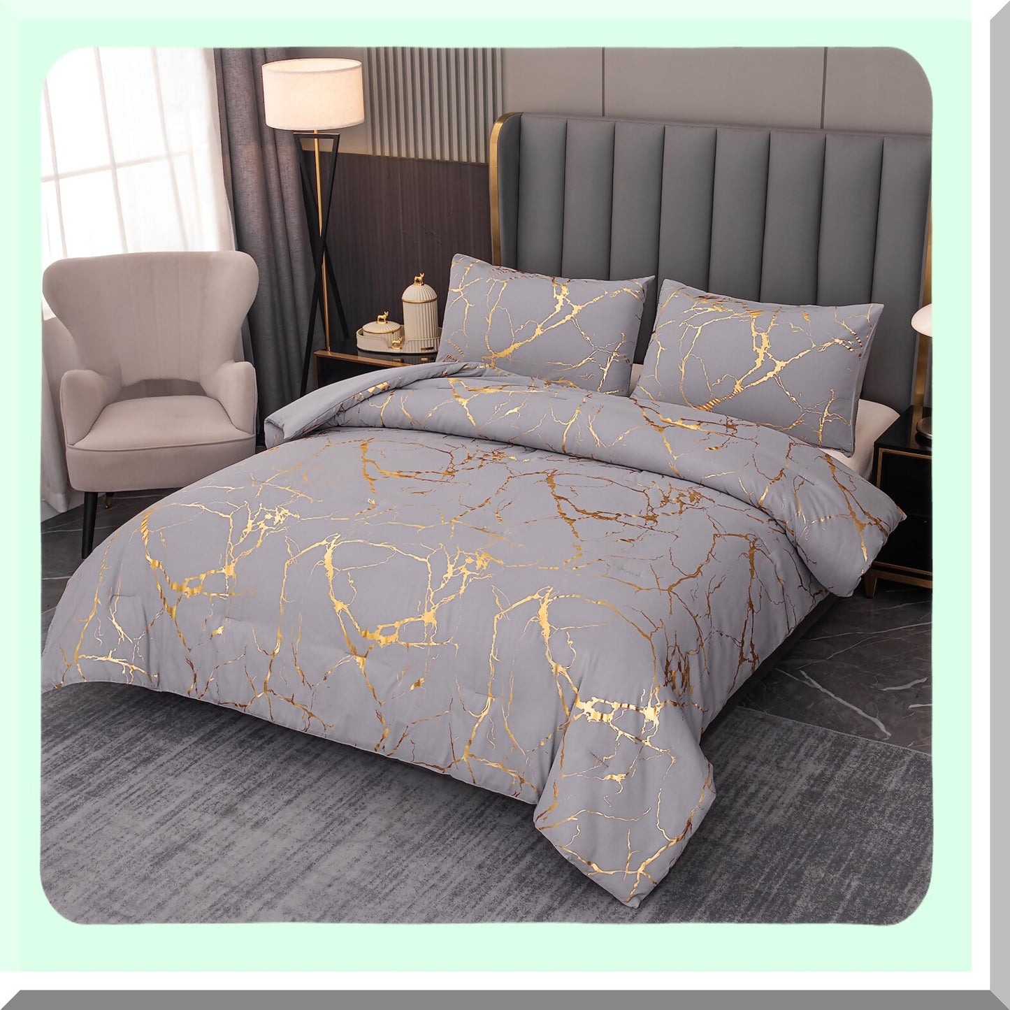 Marble Gold Grey Queen Comforter Set - Luxury 3 Piece Bedding Ensemble for Men and Women - Soft Gray Comforter with 2 Pillowcases - Queen Size