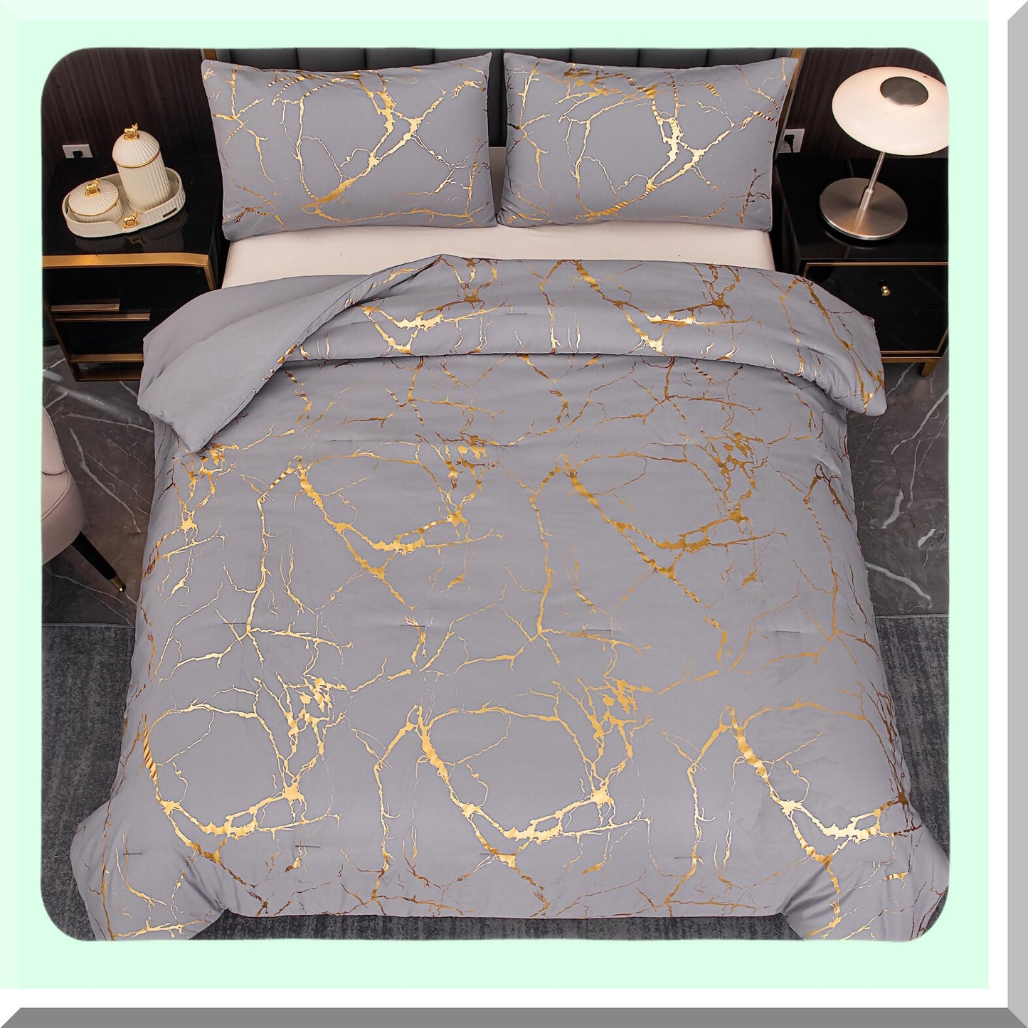 Marble Gold Grey Queen Comforter Set - Luxury 3 Piece Bedding Ensemble for Men and Women - Soft Gray Comforter with 2 Pillowcases - Queen Size