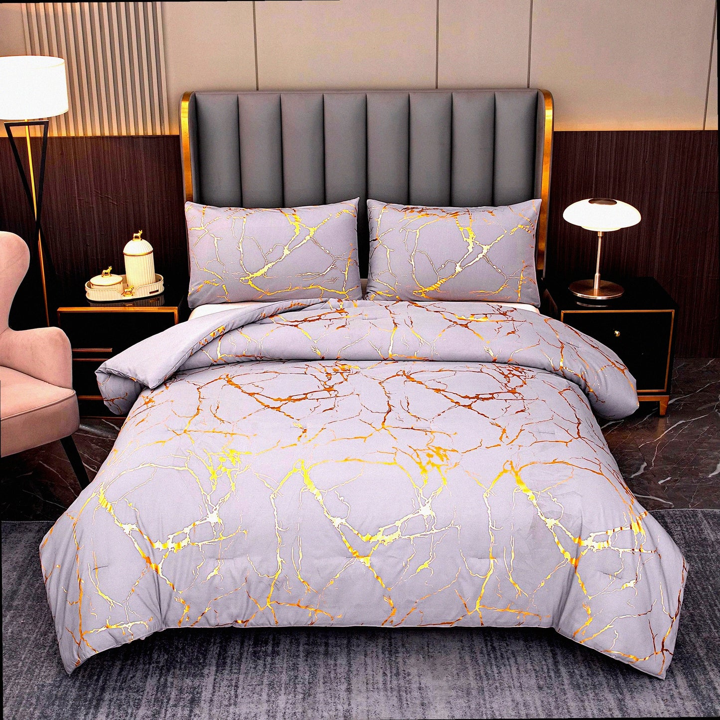 Marble Gold Grey Queen Comforter Set - Luxury 3 Piece Bedding Ensemble for Men and Women - Soft Gray Comforter with 2 Pillowcases - Queen Size