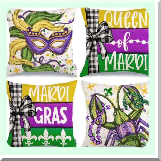 Mardi Gras Striped Beads Fleur De Lis Throw Pillow Covers Set - Queen Decor Pillowcases for Home Sofa Couch Cushion Decoration - 18 x 18 Inch - G420-18