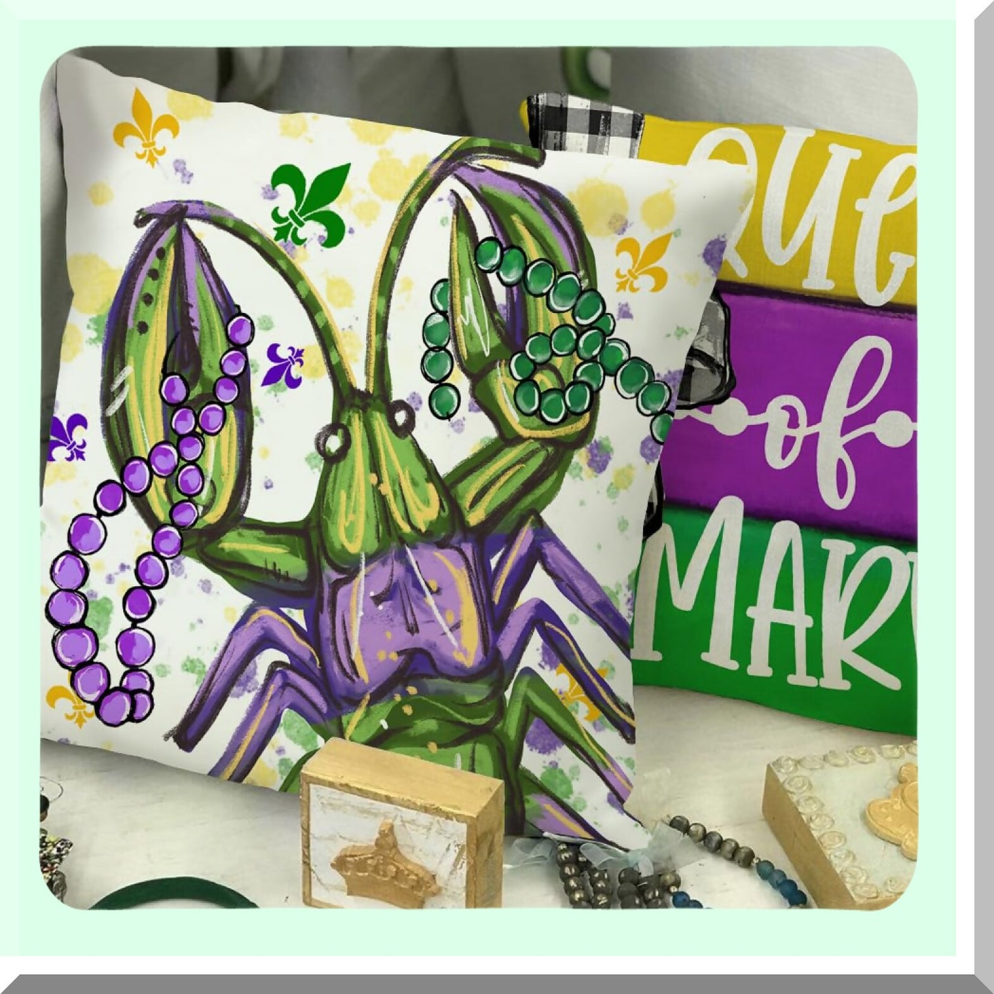 Mardi Gras Striped Beads Fleur De Lis Throw Pillow Covers Set - Queen Decor Pillowcases for Home Sofa Couch Cushion Decoration - 18 x 18 Inch - G420-18