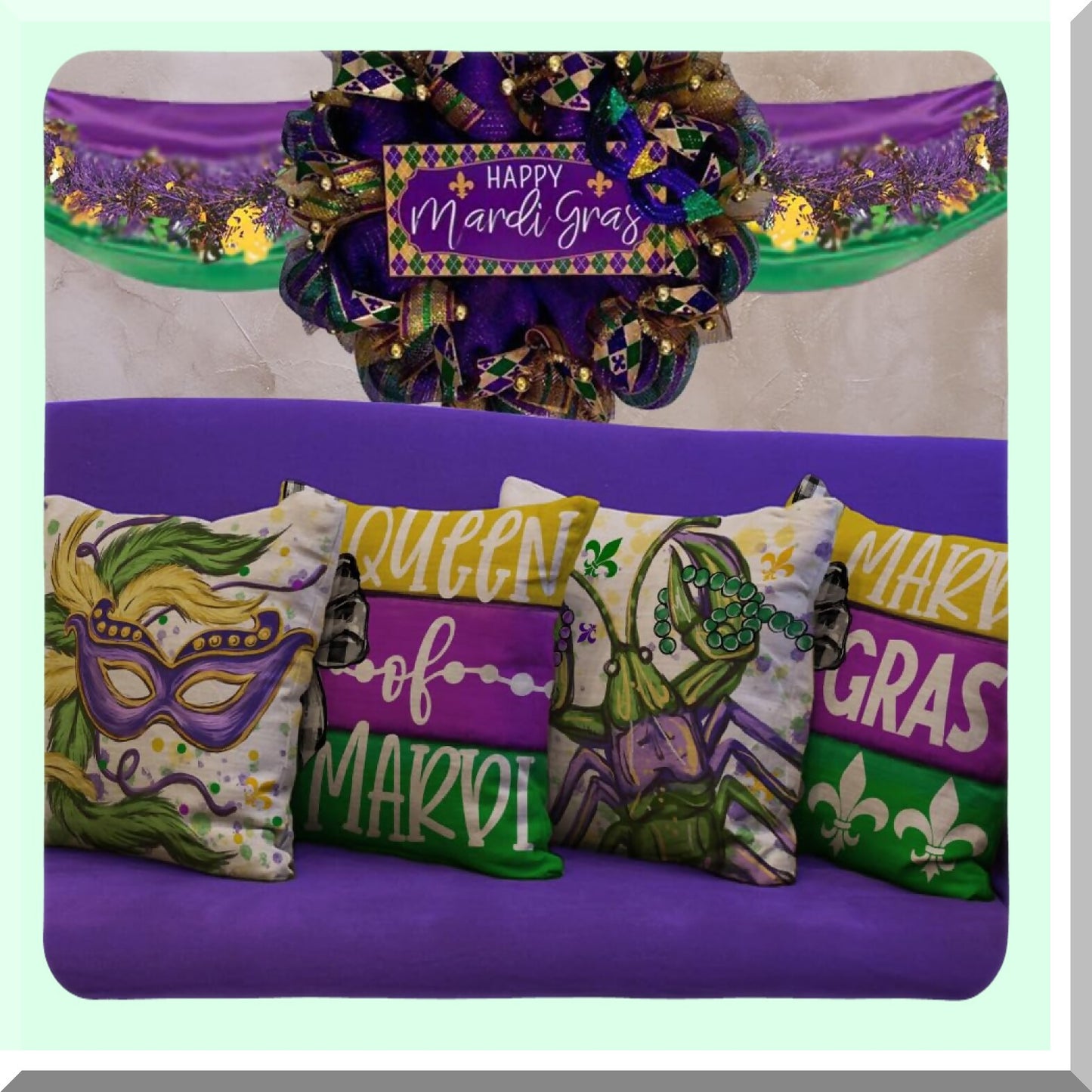 Mardi Gras Striped Beads Fleur De Lis Throw Pillow Covers Set - Queen Decor Pillowcases for Home Sofa Couch Cushion Decoration - 18 x 18 Inch - G420-18