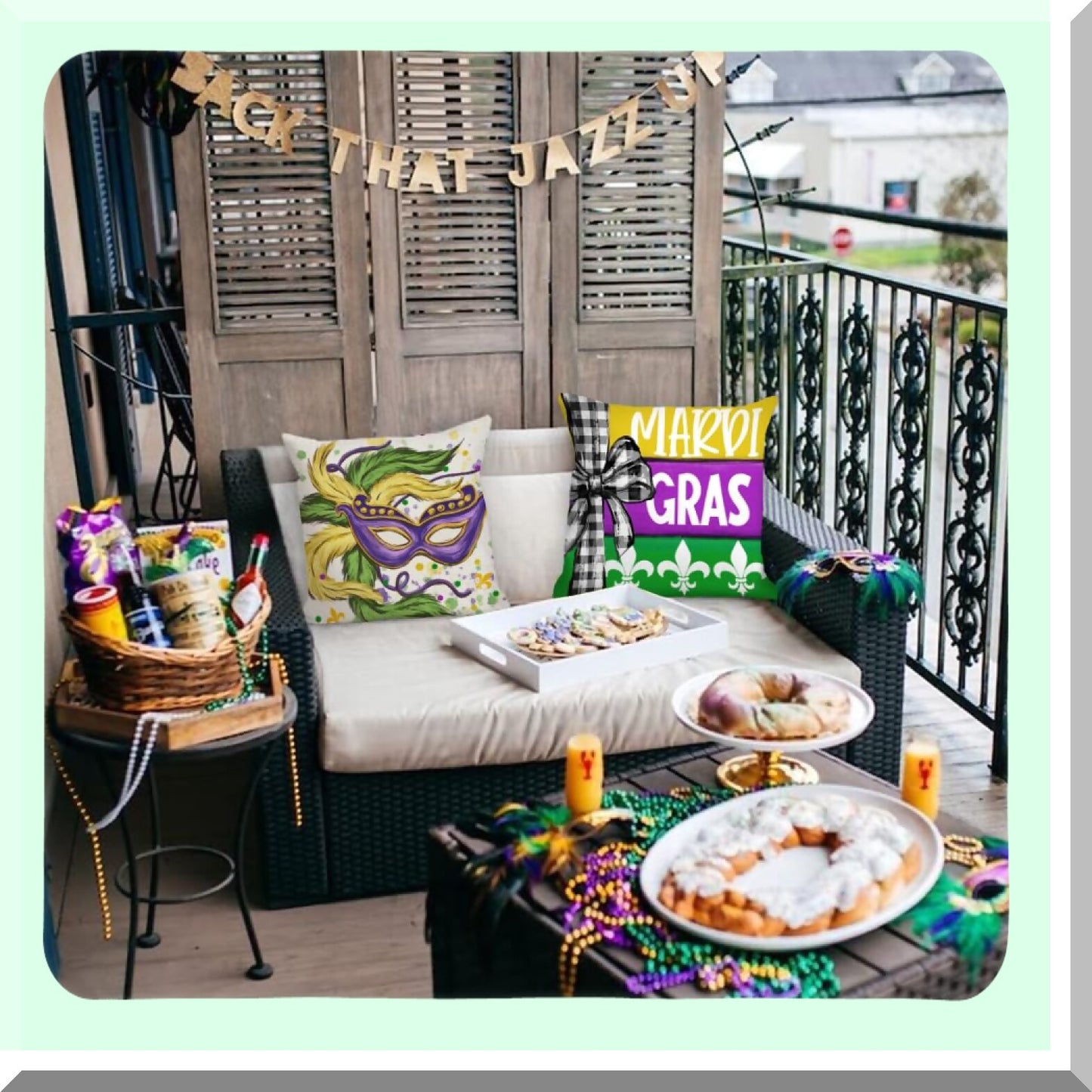 Mardi Gras Striped Beads Fleur De Lis Throw Pillow Covers Set - Queen Decor Pillowcases for Home Sofa Couch Cushion Decoration - 18 x 18 Inch - G420-18