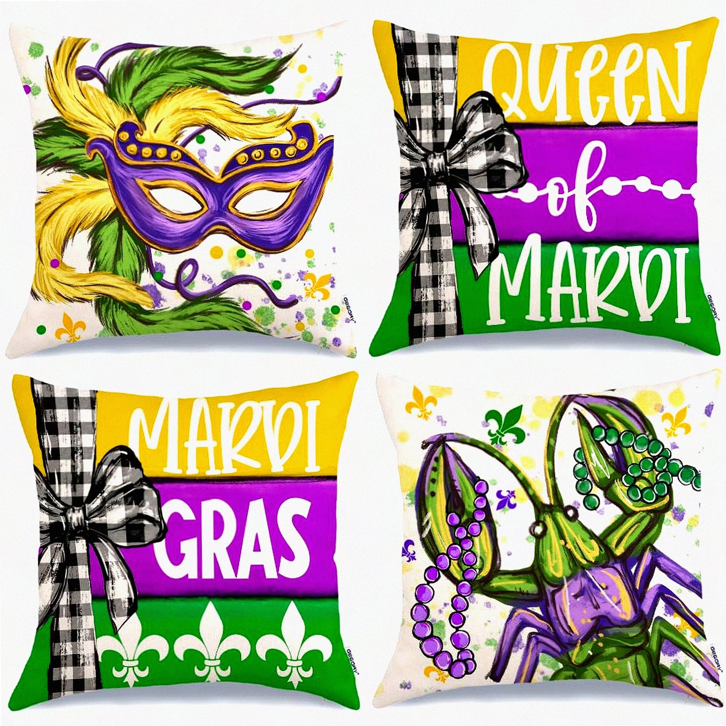 Mardi Gras Striped Beads Fleur De Lis Throw Pillow Covers Set - Queen Decor Pillowcases for Home Sofa Couch Cushion Decoration - 18 x 18 Inch - G420-18