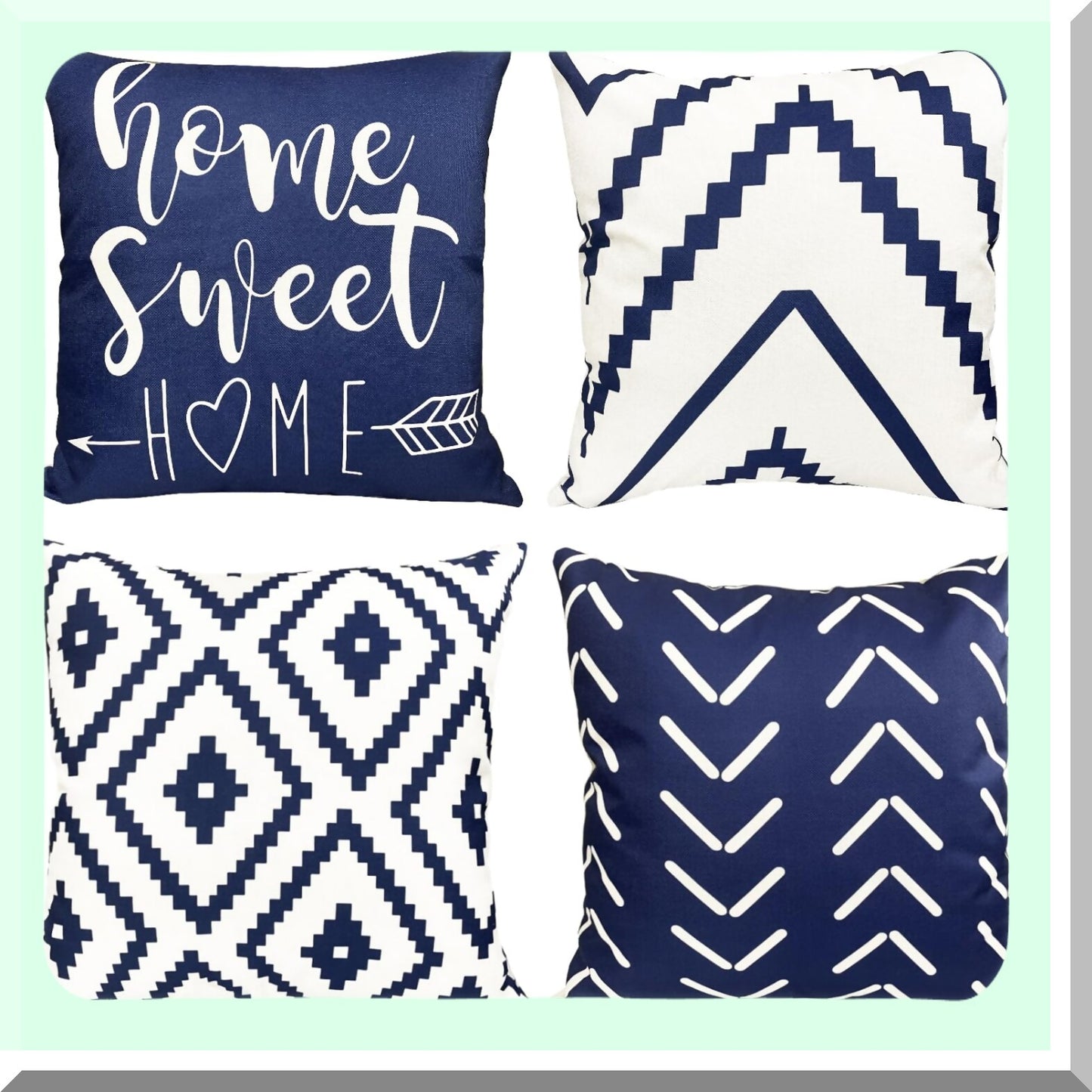 Blue Geometric Farmhouse Pillow Cover Set - 18x18 Inch Decorative Throw Pillow Covers for Couch, Sofa, Living Room, Bedroom, Car & Outdoor