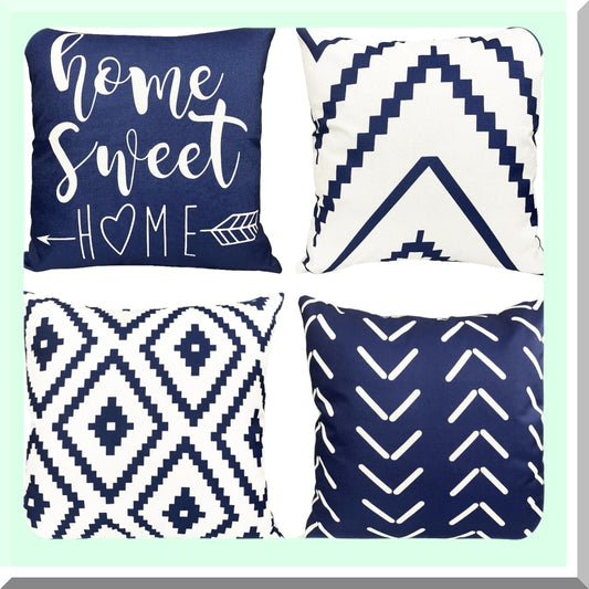 Blue Geometric Farmhouse Pillow Cover Set - 18x18 Inch Decorative Throw Pillow Covers for Couch, Sofa, Living Room, Bedroom, Car & Outdoor