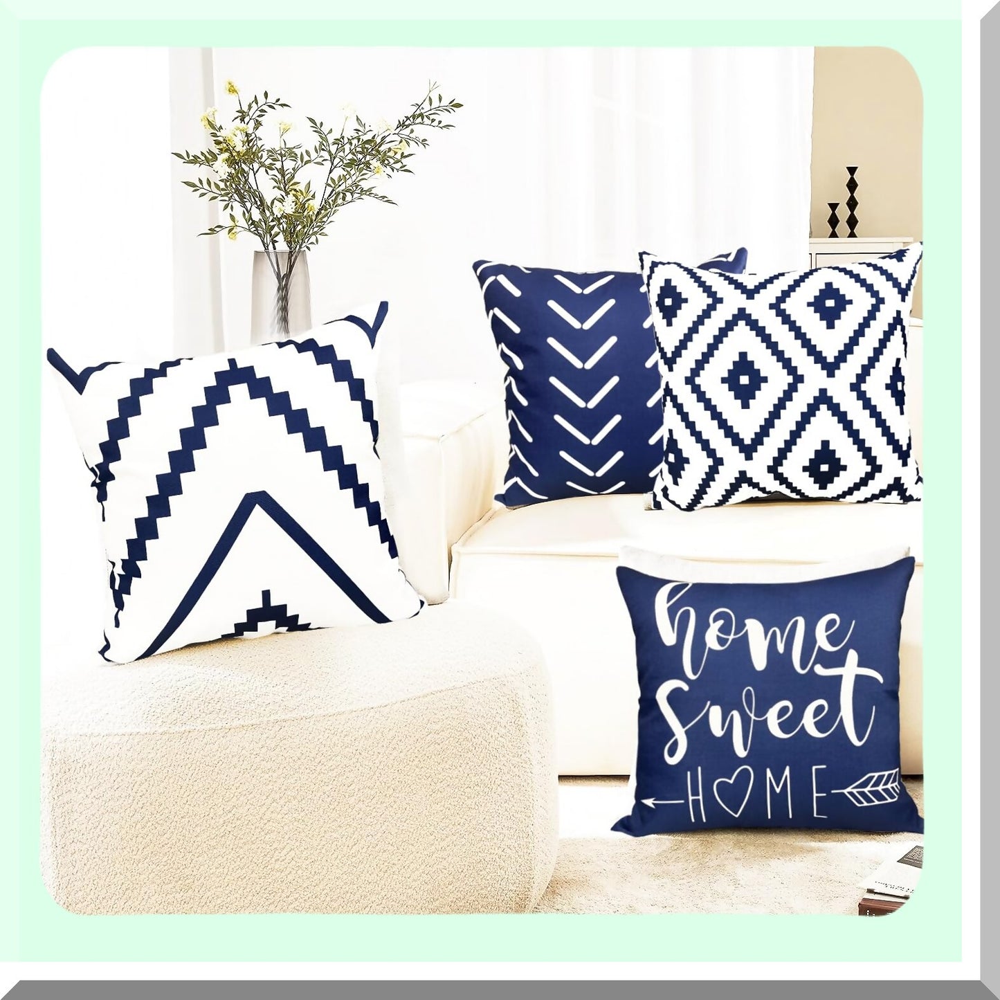 Blue Geometric Farmhouse Pillow Cover Set - 18x18 Inch Decorative Throw Pillow Covers for Couch, Sofa, Living Room, Bedroom, Car & Outdoor