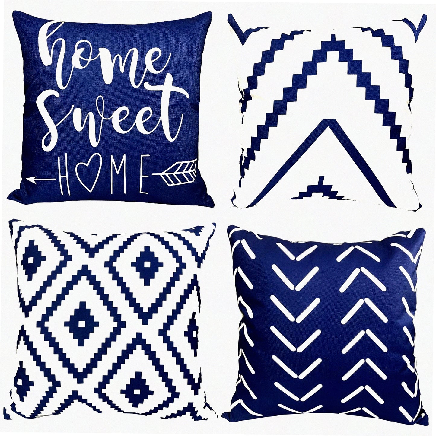 Blue Geometric Farmhouse Pillow Cover Set - 18x18 Inch Decorative Throw Pillow Covers for Couch, Sofa, Living Room, Bedroom, Car & Outdoor