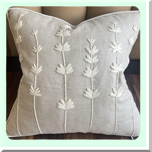 Linen Daisy Accent Pillow Cover - Hand Embroidered Square Decor for Master Bedroom, New Home, Anniversary - Farmhouse Couch Sofa Decor - 18x18"