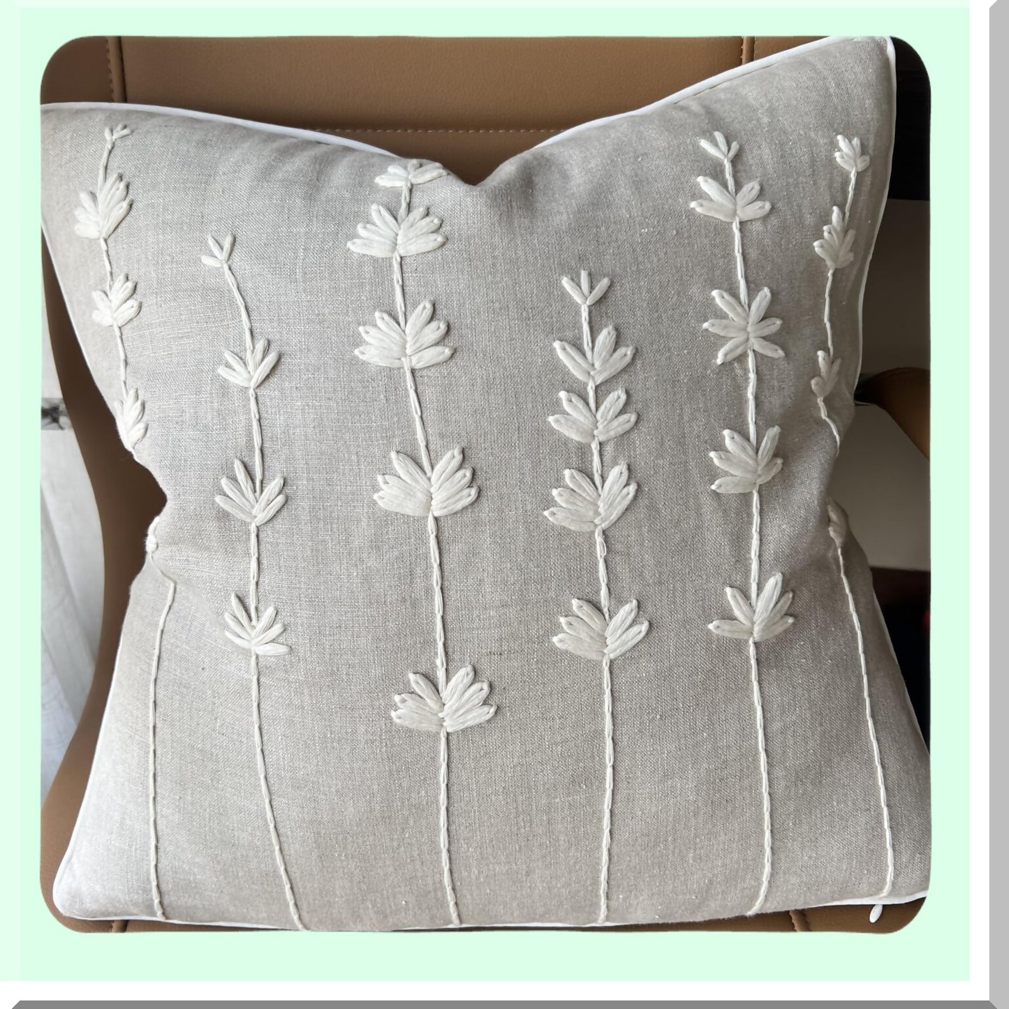 Linen Daisy Accent Pillow Cover - Hand Embroidered Square Decor for Master Bedroom, New Home, Anniversary - Farmhouse Couch Sofa Decor - 18x18"