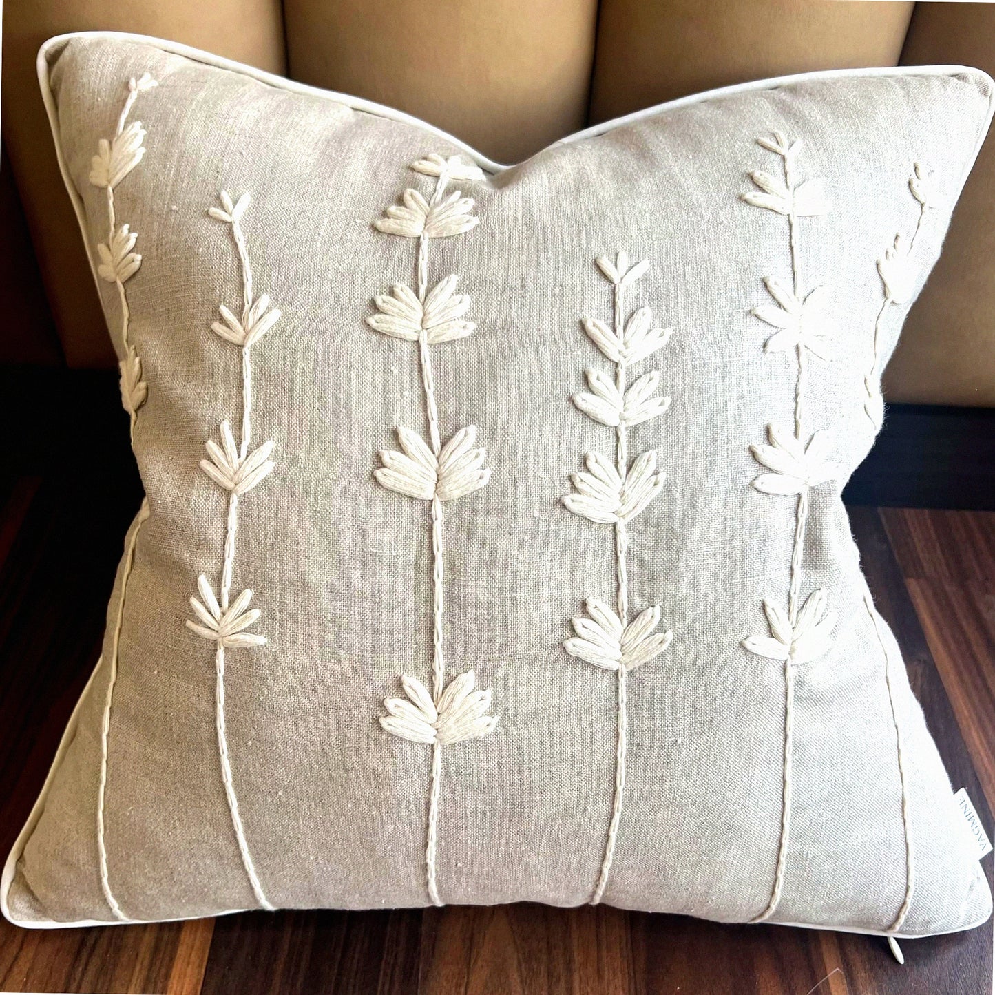 Linen Daisy Accent Pillow Cover - Hand Embroidered Square Decor for Master Bedroom, New Home, Anniversary - Farmhouse Couch Sofa Decor - 18x18"