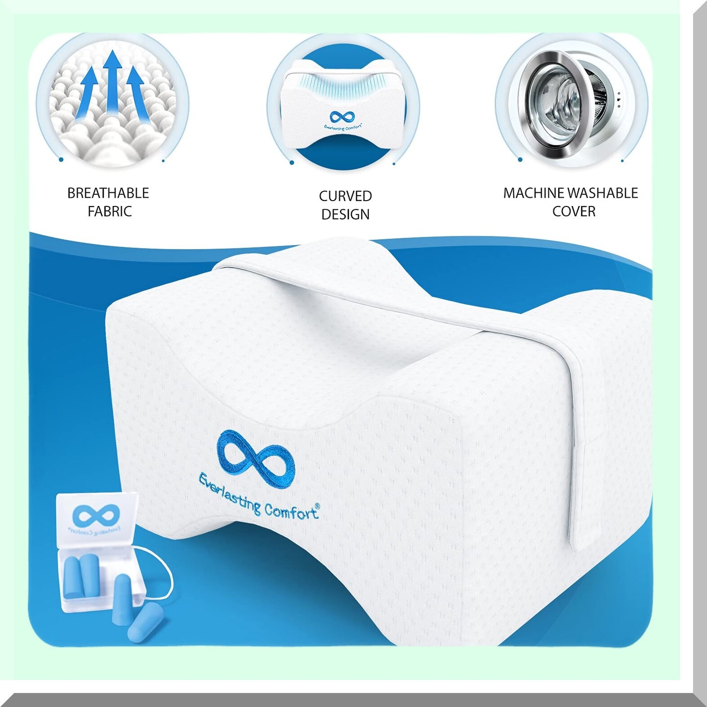 OrthoAlign Memory Foam Knee Pillow - Dual Concave Design for Side Sleepers. Aligns Spine, Relieves Pressure, Back, Hip, Sciatica Pain Relief. Leg Wedge Pillow w/Strap.