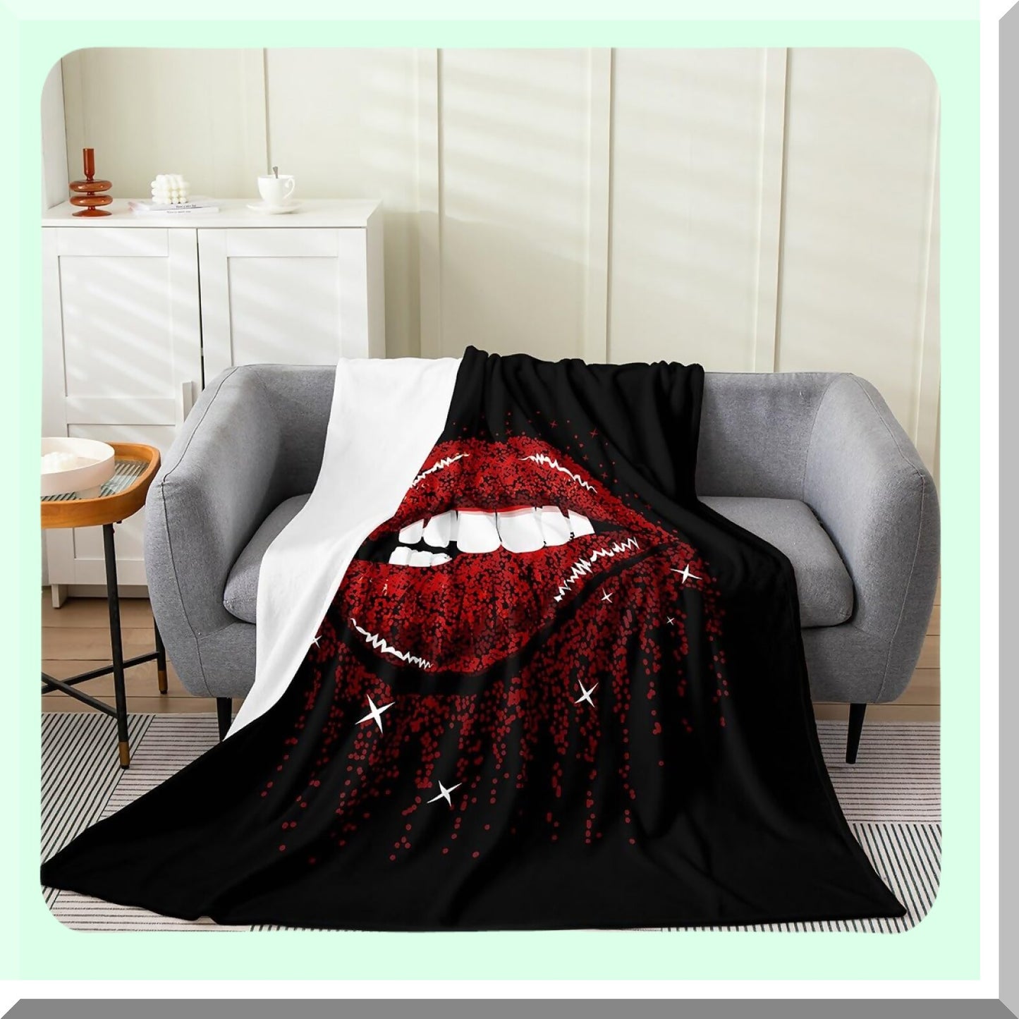 Romantic Red Lip Sherpa Fleece Blanket - Queen Size, 3D Mouth Print, Sparkle Sequins, Perfect Valentine's Day Gift for Women, Teens, and Kids