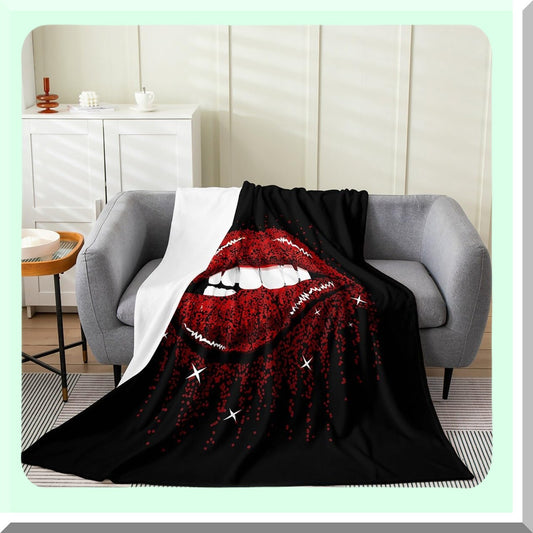 Romantic Red Lip Sherpa Fleece Blanket - Queen Size, 3D Mouth Print, Sparkle Sequins, Perfect Valentine's Day Gift for Women, Teens, and Kids