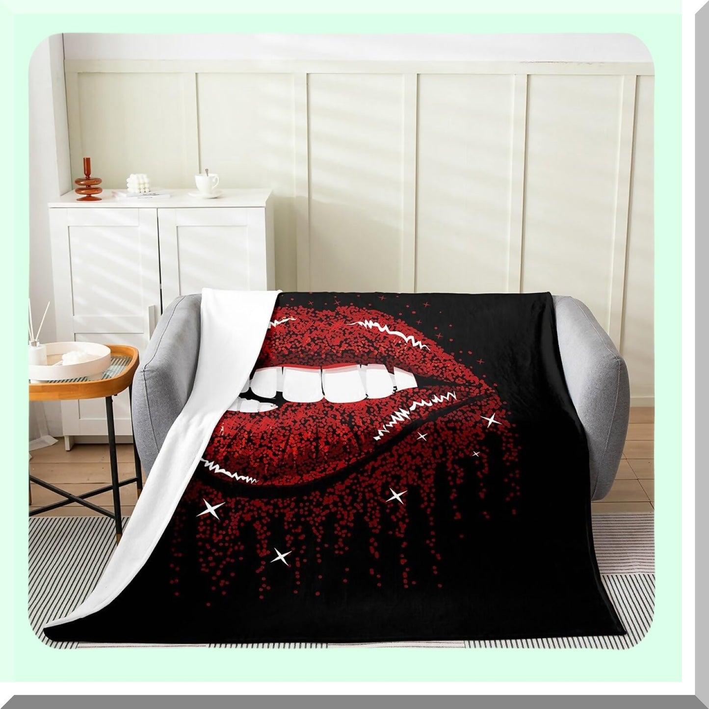 Romantic Red Lip Sherpa Fleece Blanket - Queen Size, 3D Mouth Print, Sparkle Sequins, Perfect Valentine's Day Gift for Women, Teens, and Kids