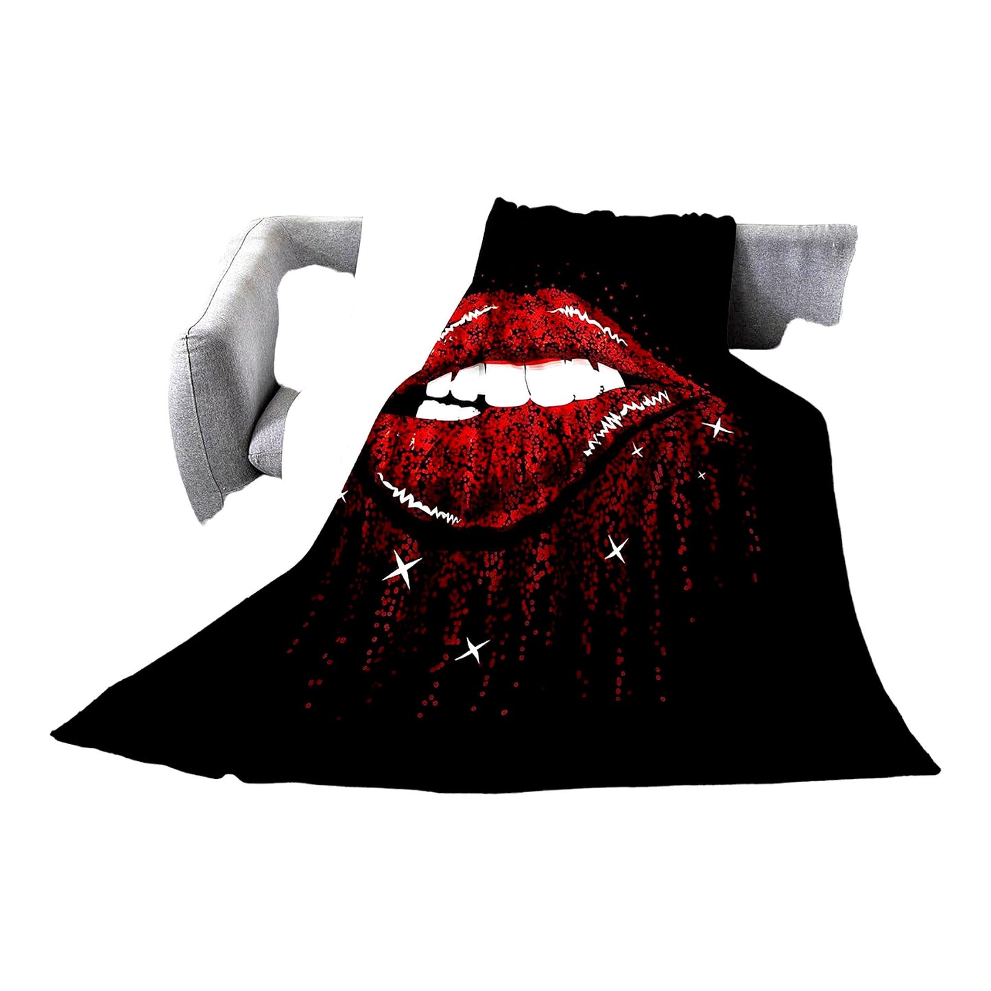 Romantic Red Lip Sherpa Fleece Blanket - Queen Size, 3D Mouth Print, Sparkle Sequins, Perfect Valentine's Day Gift for Women, Teens, and Kids