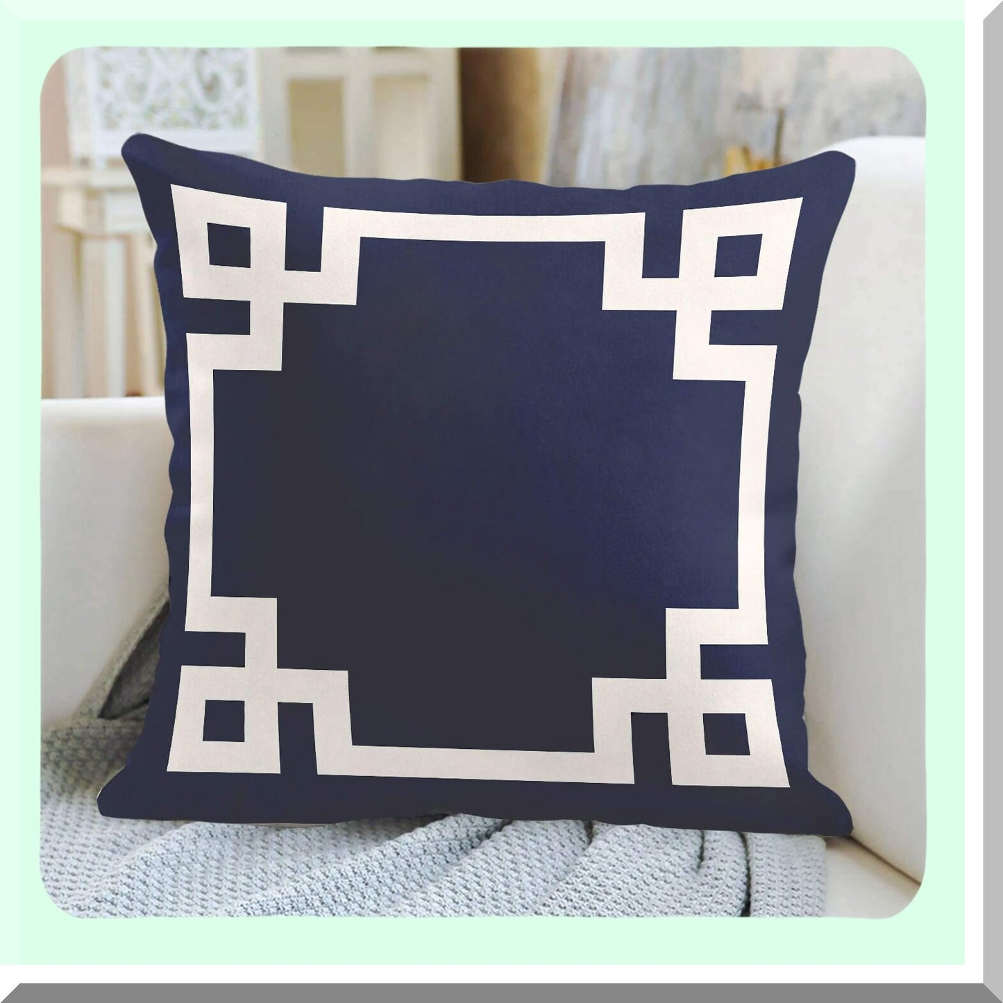 Navy Blue Greek Key Decorative Pillowcase - Preppy Girly Home Decor Square 20x20 Inch Throw Pillow Cover White Cute Pattern