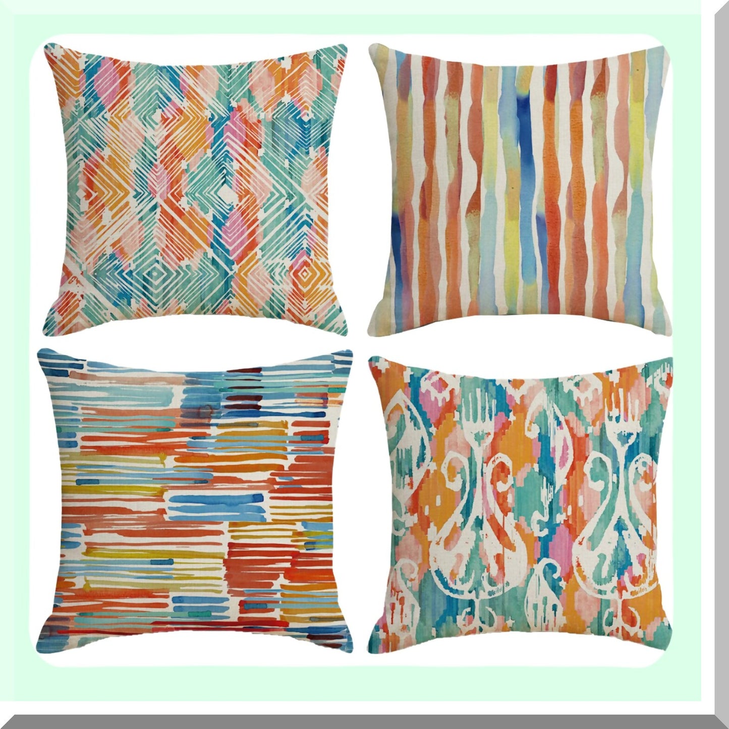 Vintage Watercolor Boho Chic Throw Pillow Set - Modern Art Decorative Cushion Covers for Family Sofa, Living Room, Outdoor Patio - 18x18 Inch Multicolor Pillow Cases (Set of 4)