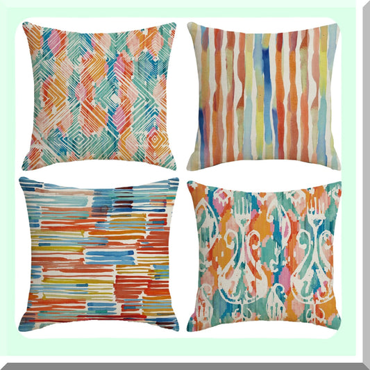 Vintage Watercolor Boho Chic Throw Pillow Set - Modern Art Decorative Cushion Covers for Family Sofa, Living Room, Outdoor Patio - 18x18 Inch Multicolor Pillow Cases (Set of 4)