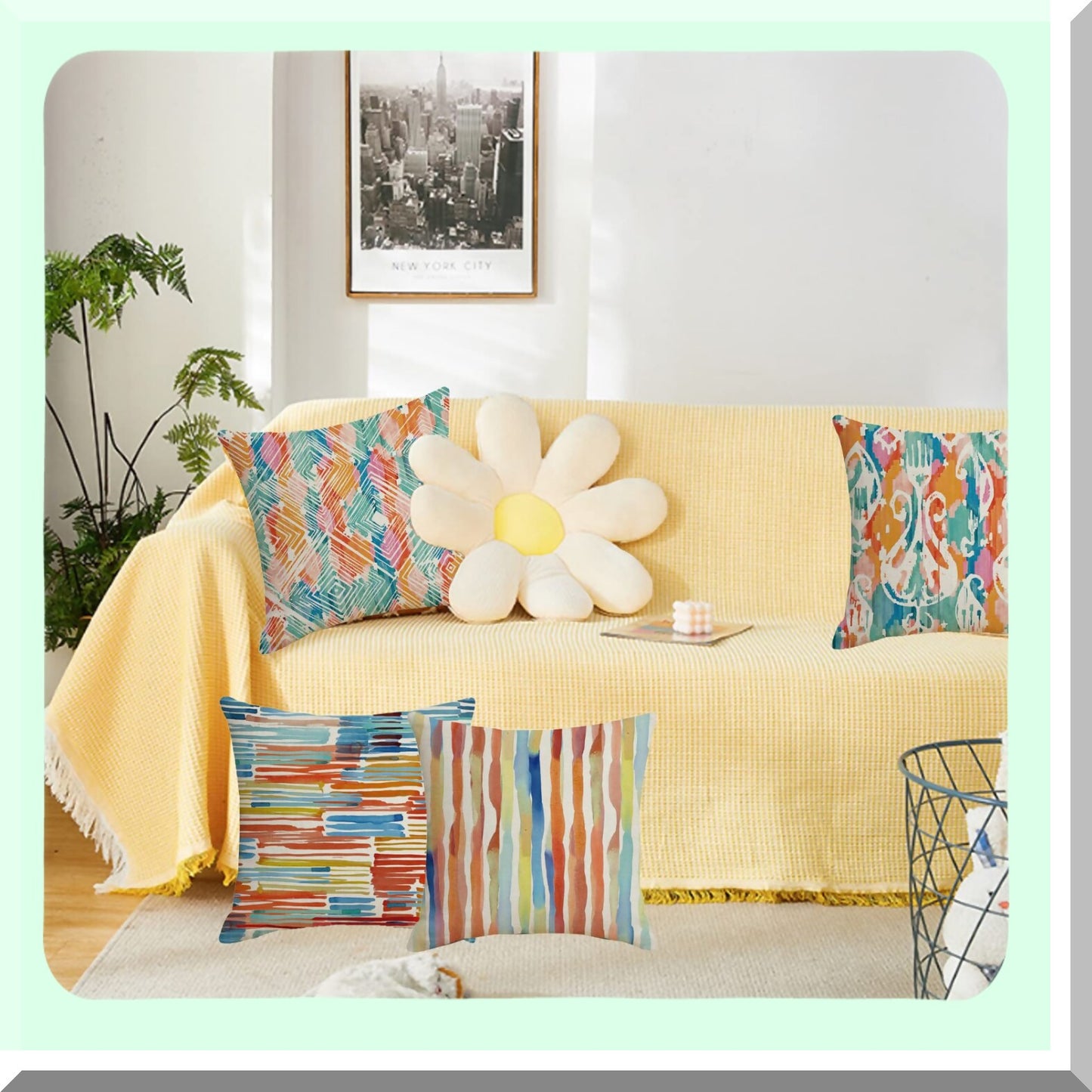 Vintage Watercolor Boho Chic Throw Pillow Set - Modern Art Decorative Cushion Covers for Family Sofa, Living Room, Outdoor Patio - 18x18 Inch Multicolor Pillow Cases (Set of 4)