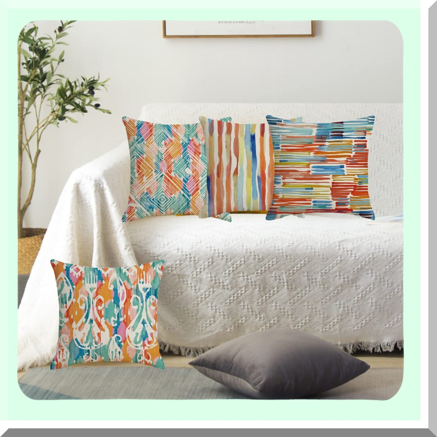 Vintage Watercolor Boho Chic Throw Pillow Set - Modern Art Decorative Cushion Covers for Family Sofa, Living Room, Outdoor Patio - 18x18 Inch Multicolor Pillow Cases (Set of 4)